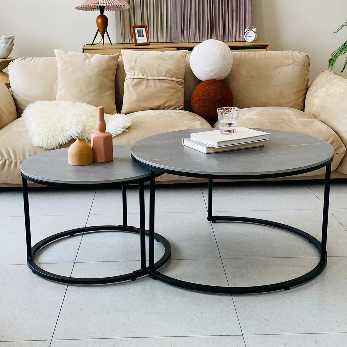 Modern Nesting Round Grey Marble Top Coffee Table Set Sintered Stone Table Metal Legs Home Furniture