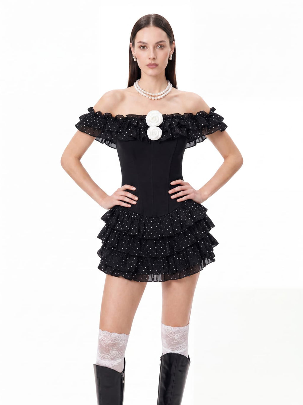 Talven Tiered Flower Dot Skirt Set In Black