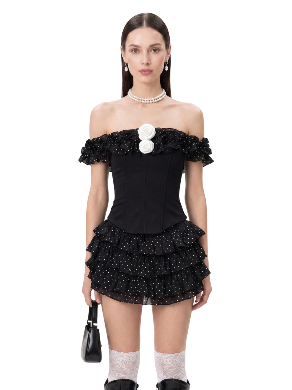 Talven Tiered Flower Dot Skirt Set In Black
