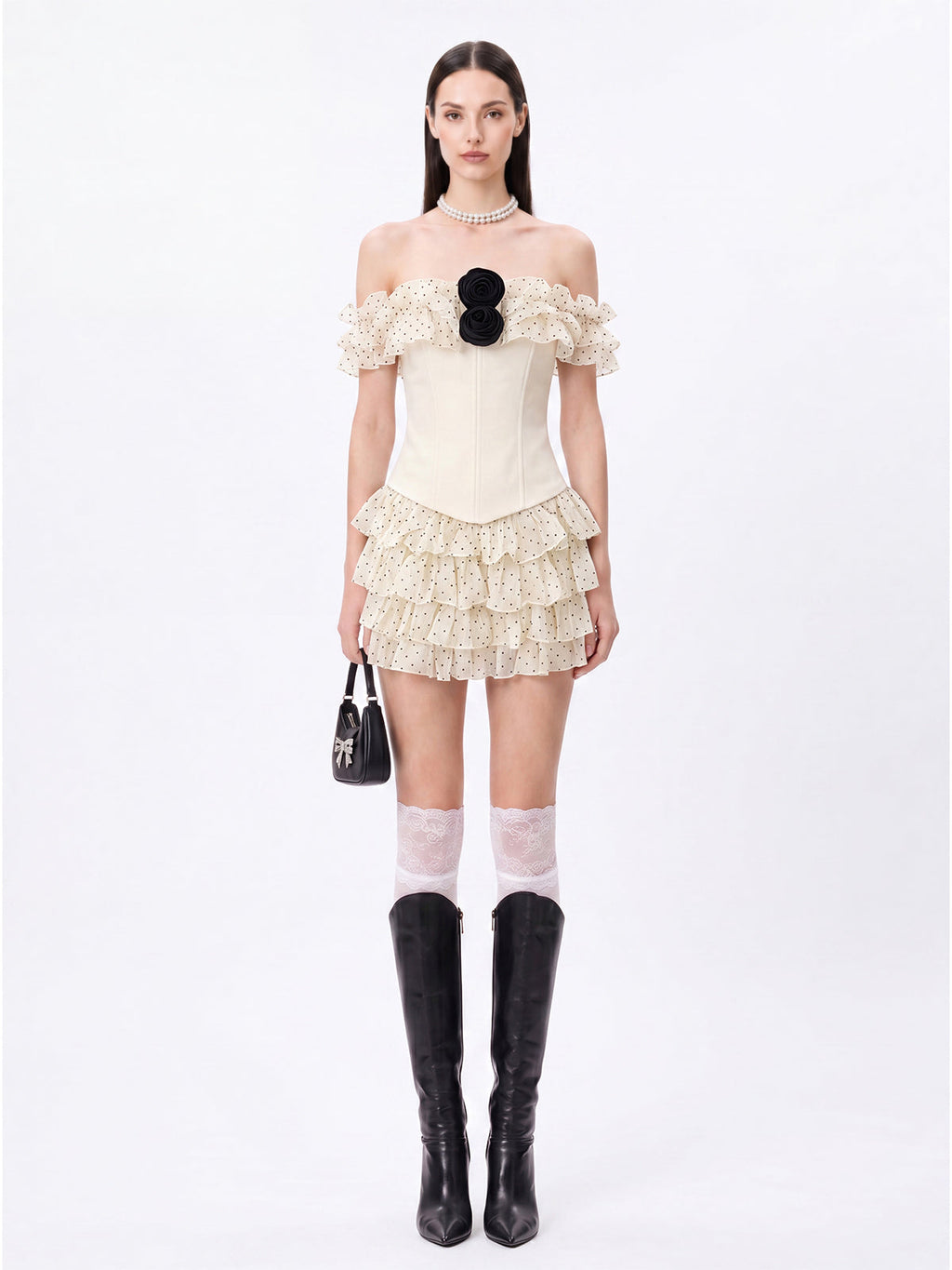 Talven Tiered Flower Dot Skirt Set In White
