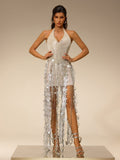 Tyriona Flower Rhinestone Fringe Maxi Dress In Silver