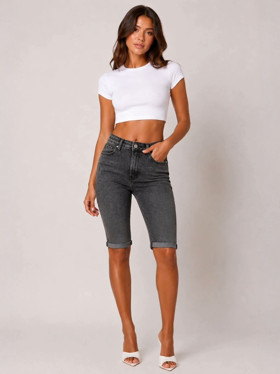 High-Waisted Denim Bermuda Shorts