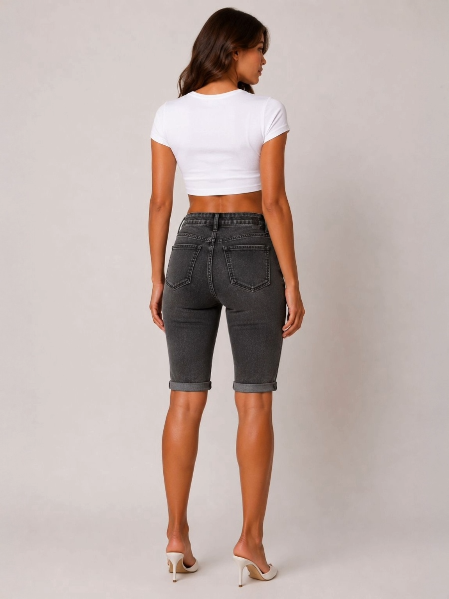 High-Waisted Denim Bermuda Shorts