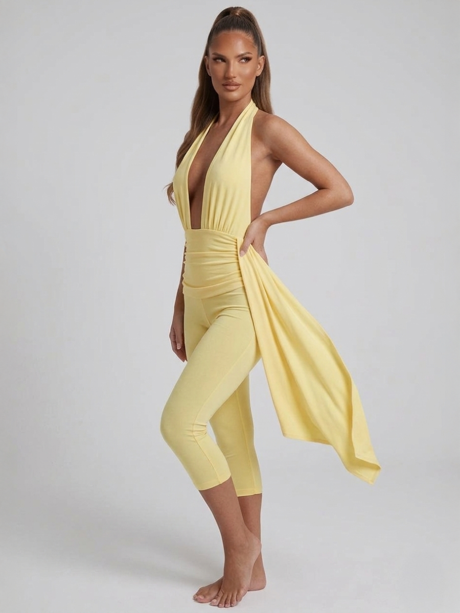 Plunge Halter Neck Ruched Jumpsuit