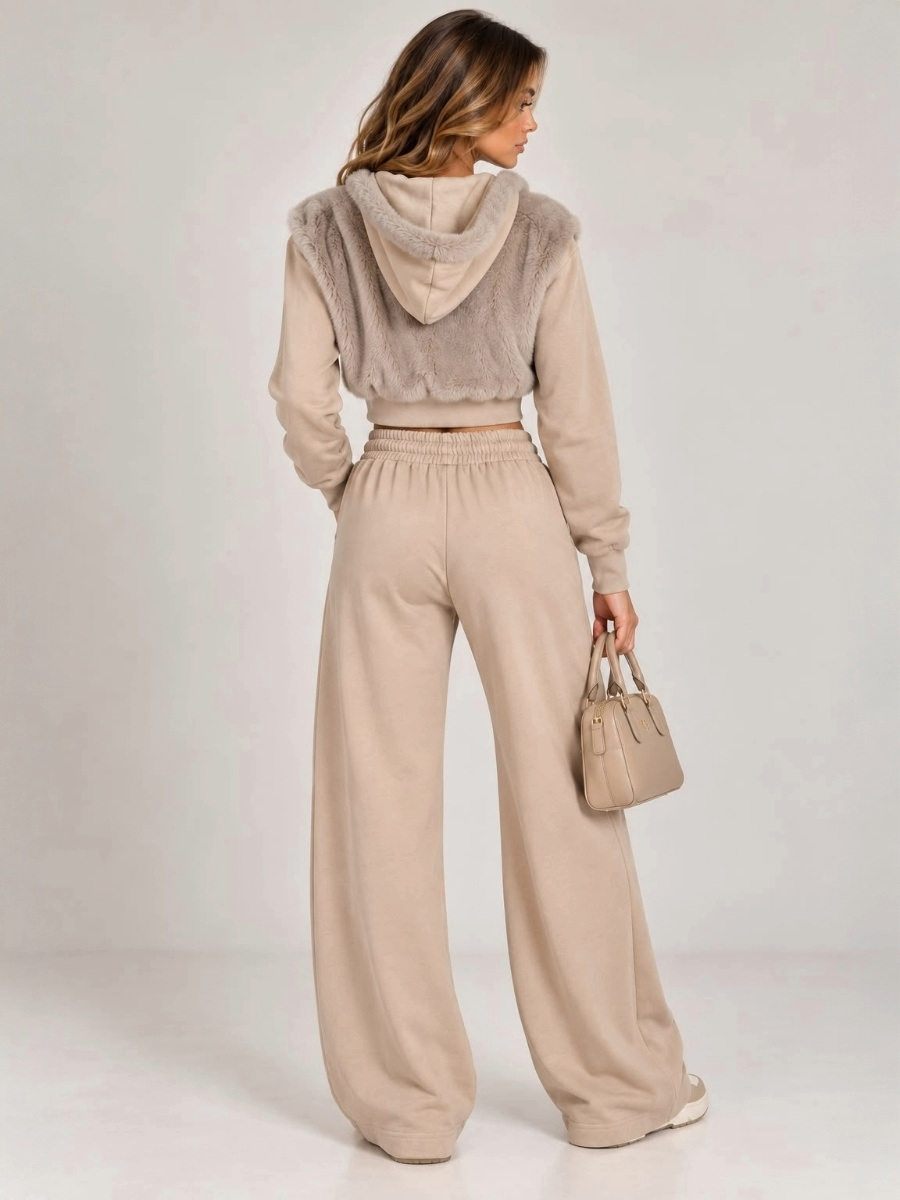 Faux Fur Zip-Up Hoodie & Wide Leg Jogger Co-Ord Set