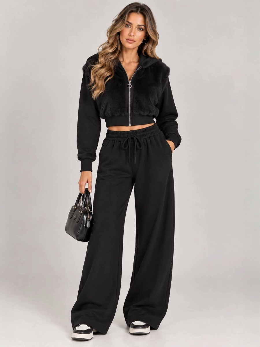 Faux Fur Zip-Up Hoodie & Wide Leg Jogger Co-Ord Set