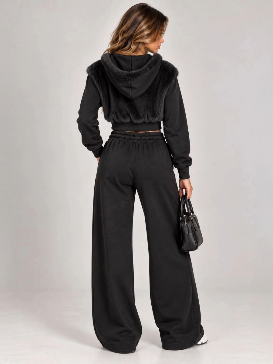 Faux Fur Zip-Up Hoodie & Wide Leg Jogger Co-Ord Set