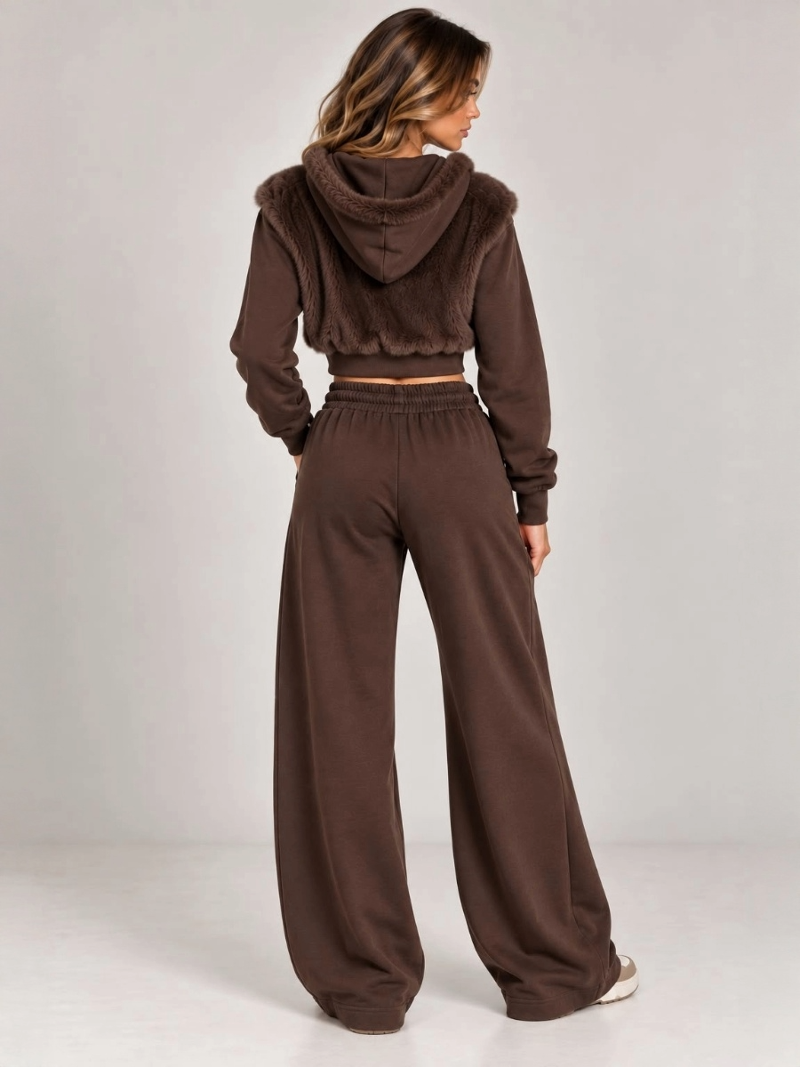 Faux Fur Zip-Up Hoodie & Wide Leg Jogger Co-Ord Set