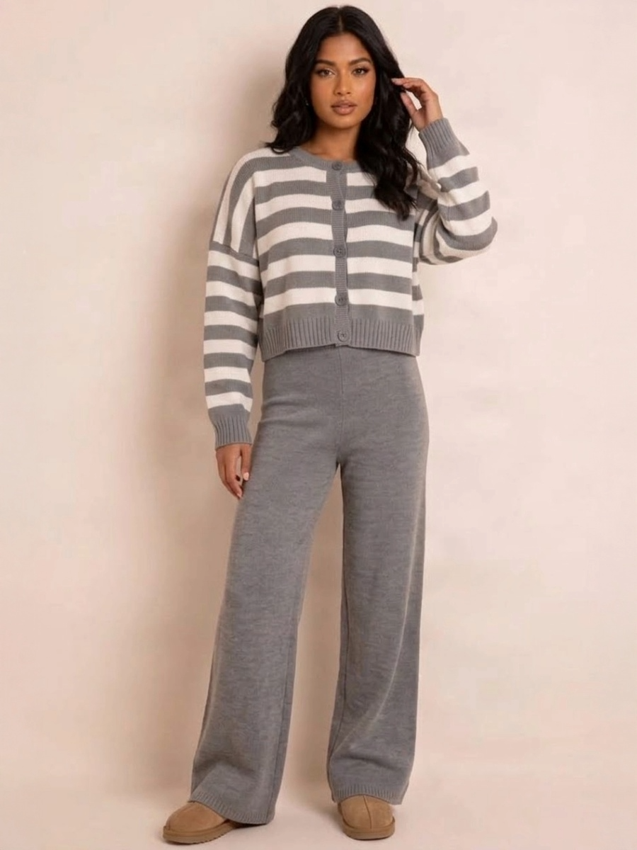 Striped Knit Cardigan & Wide Leg Trouser Co-Ord Set