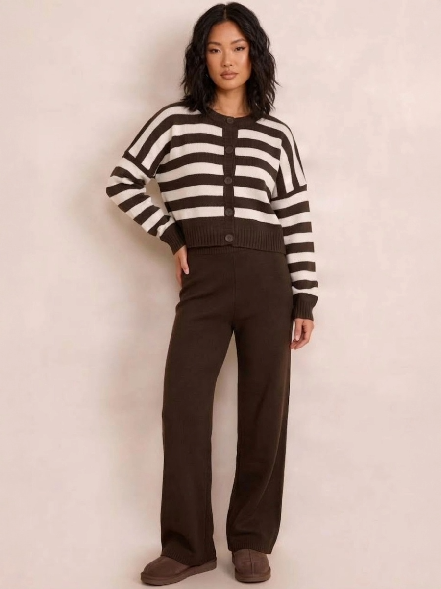 Striped Knit Cardigan & Wide Leg Trouser Co-Ord Set