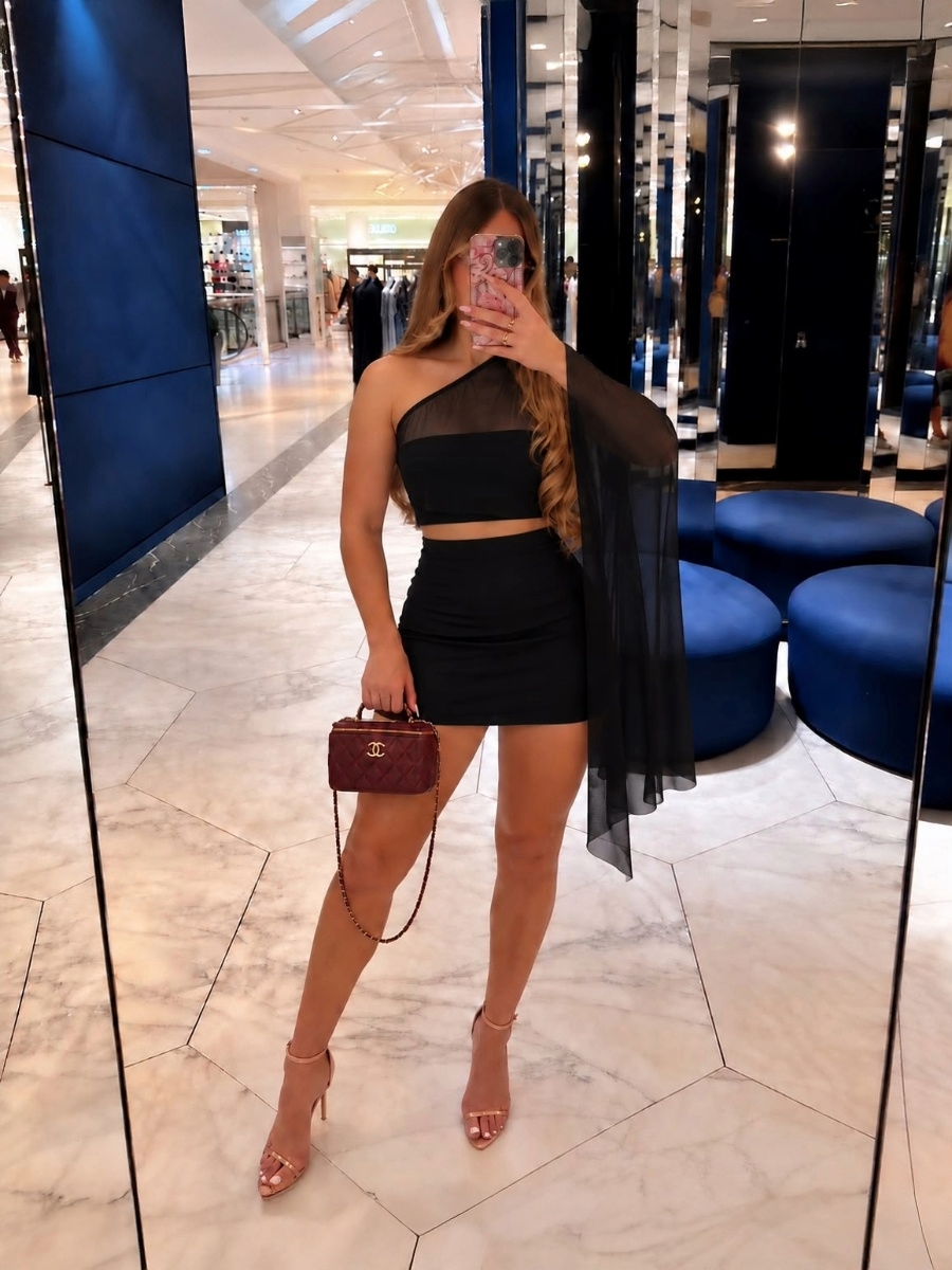 One-Shoulder Cape Sleeve Top & Mini Skirt Co-Ord