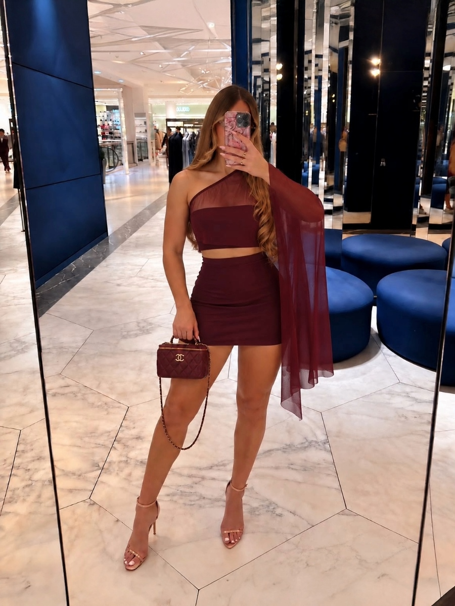 One-Shoulder Cape Sleeve Top & Mini Skirt Co-Ord