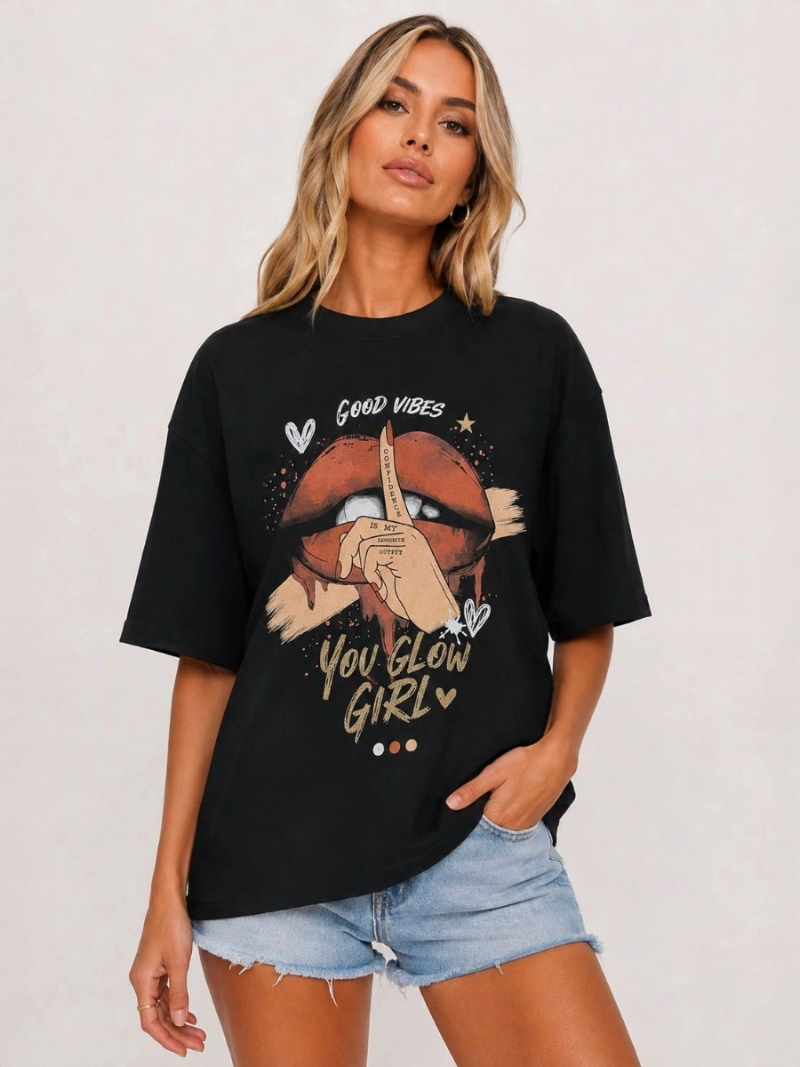 Lips & Hand Artwork Graphic T-Shirt