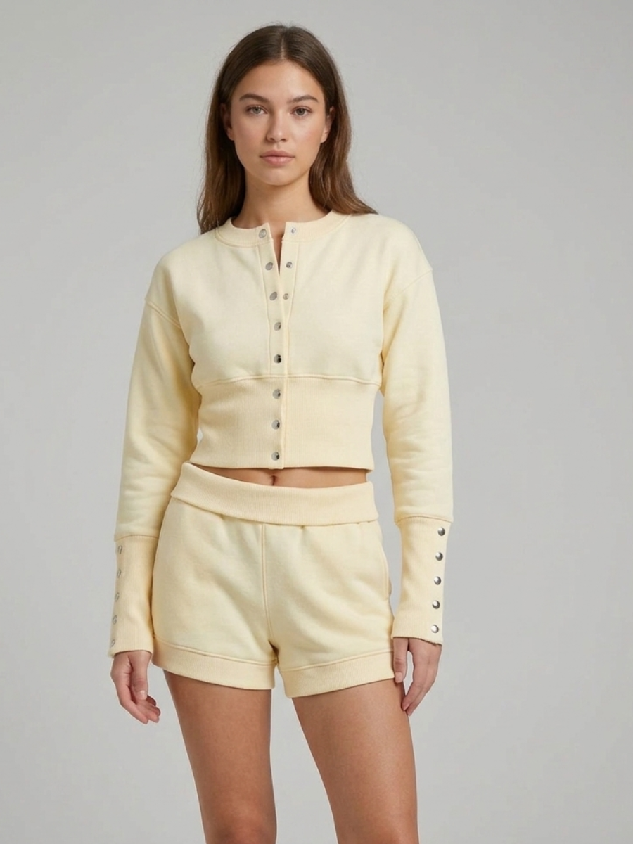 Button Up Sweatshirt & Folded Waist Shorts