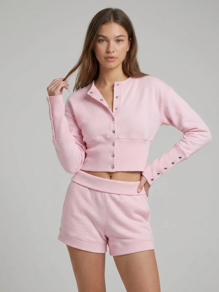 Button Up Sweatshirt & Folded Waist Shorts