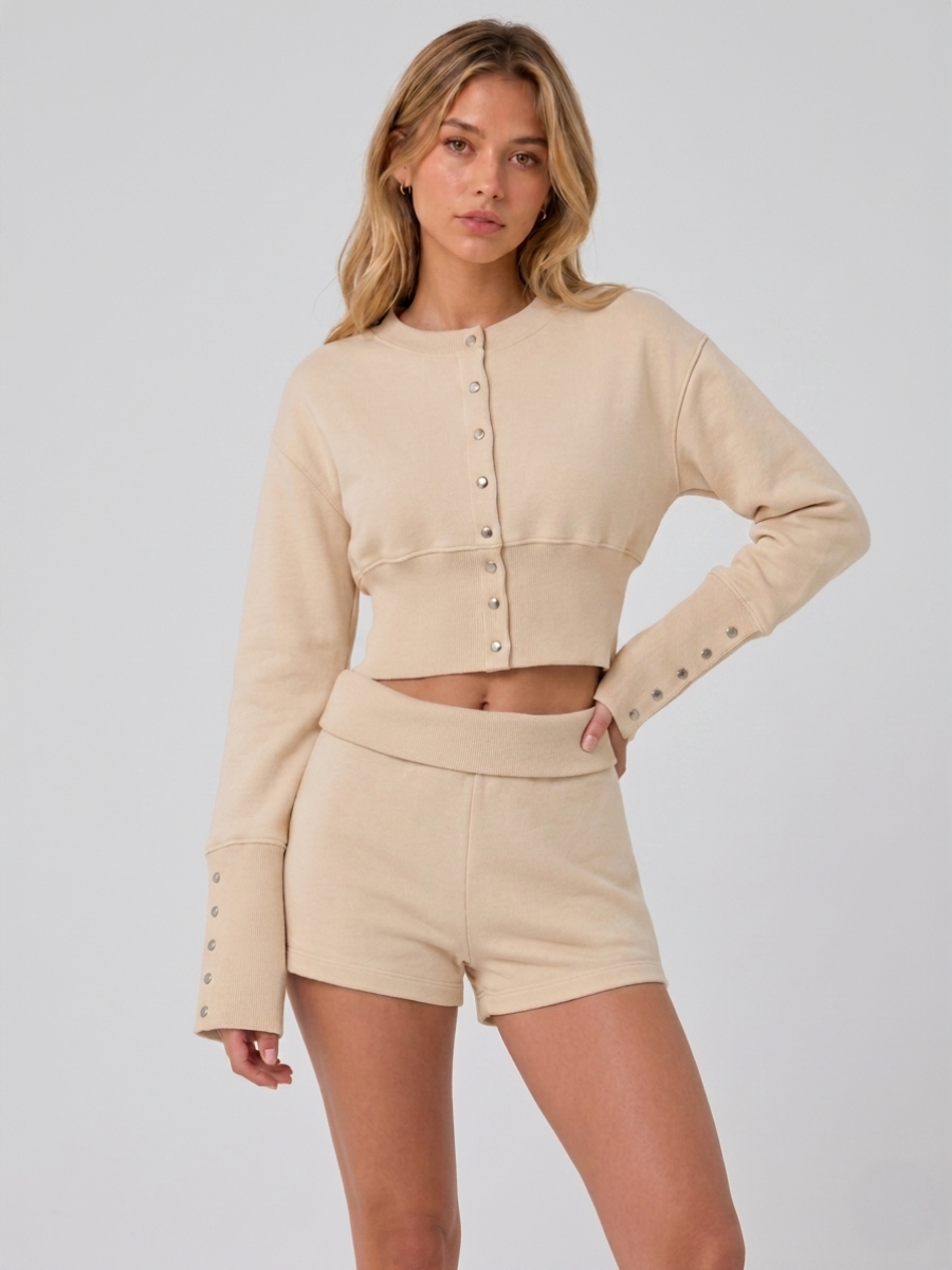 Button Up Sweatshirt & Folded Waist Shorts
