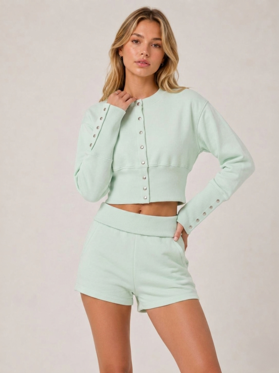 Button Up Sweatshirt & Folded Waist Shorts