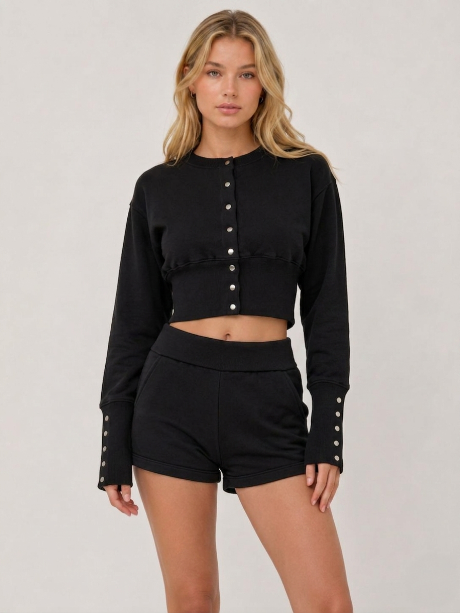 Button Up Sweatshirt & Folded Waist Shorts