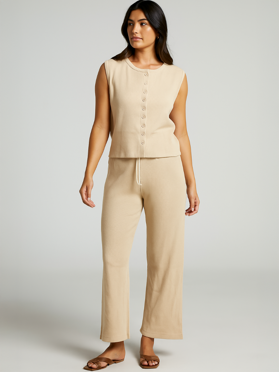 Ribbed Front Button Detail Sleevles Top & Wide Leg Trouser Co-ord