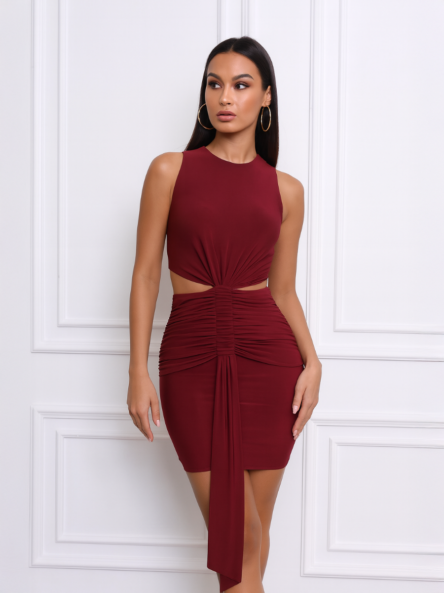 Cut-Out Ruched Bodycon Mini Dress With Drape Detail
