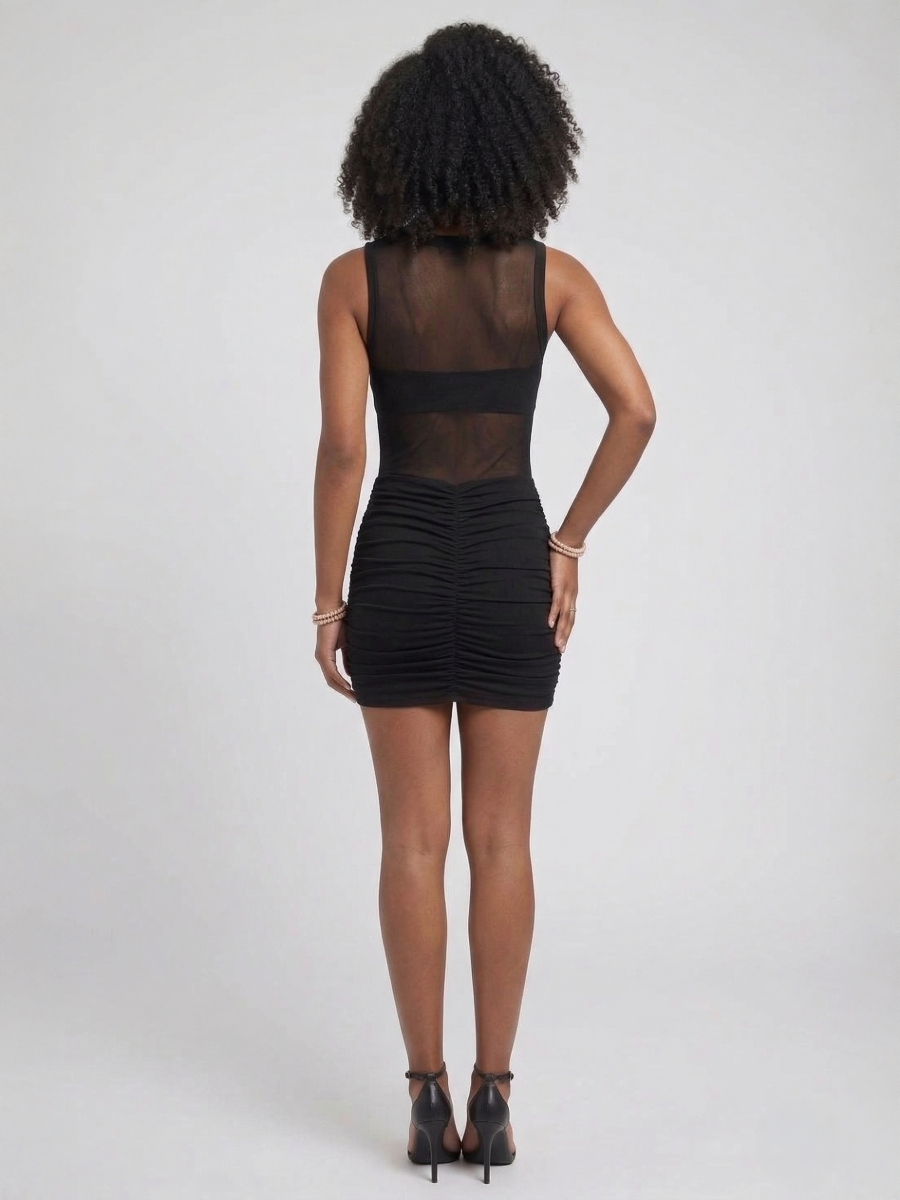 High Neck Mesh Bodycon Ruched Dress