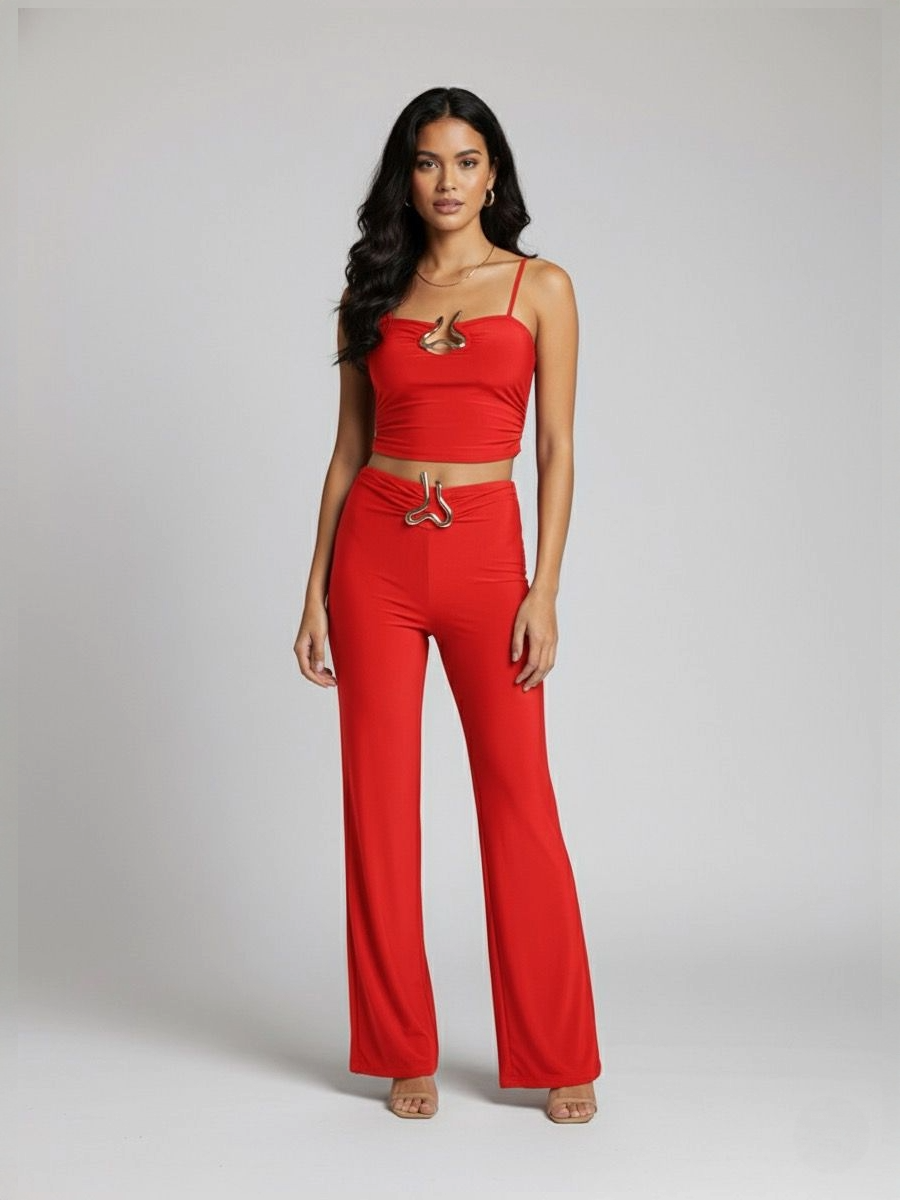 Buckle Detail Top & Wide Leg Trouser Set