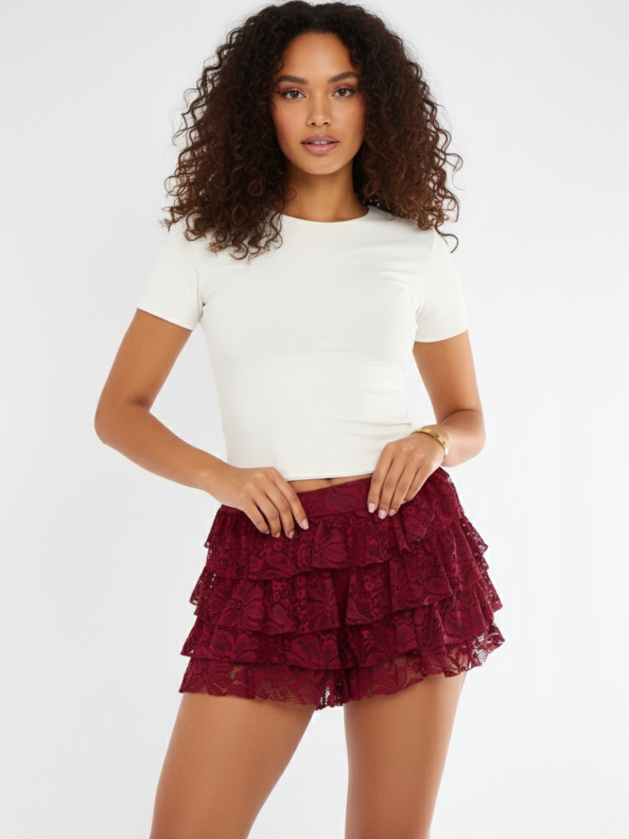 Lace Detail Slinky & Frill Mini Skort