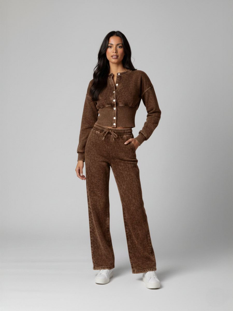 Button Up Acid Wash Loungewear Set