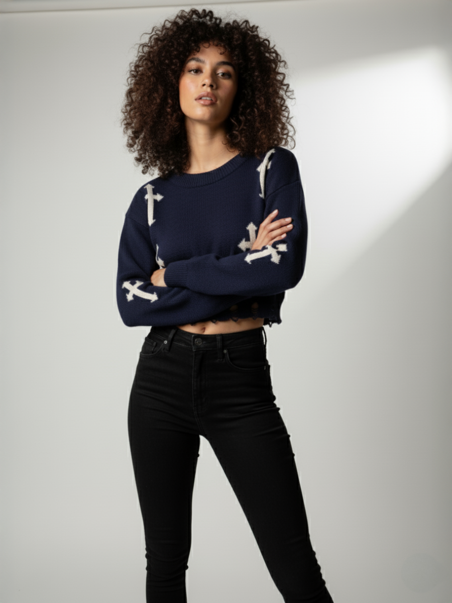 Crucifix Detail Knitted Cropped Jumper