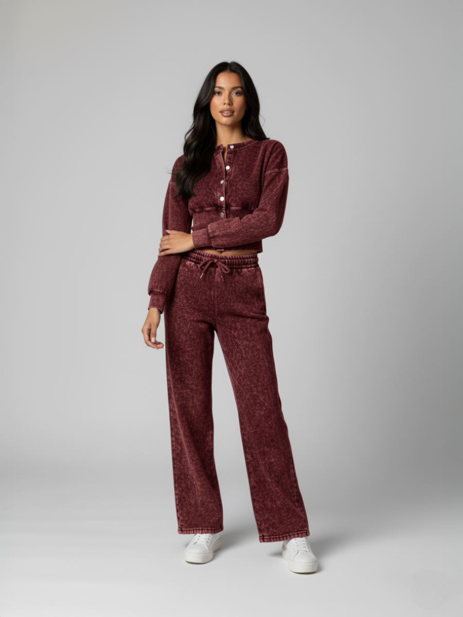 Button Up Acid Wash Loungewear Set