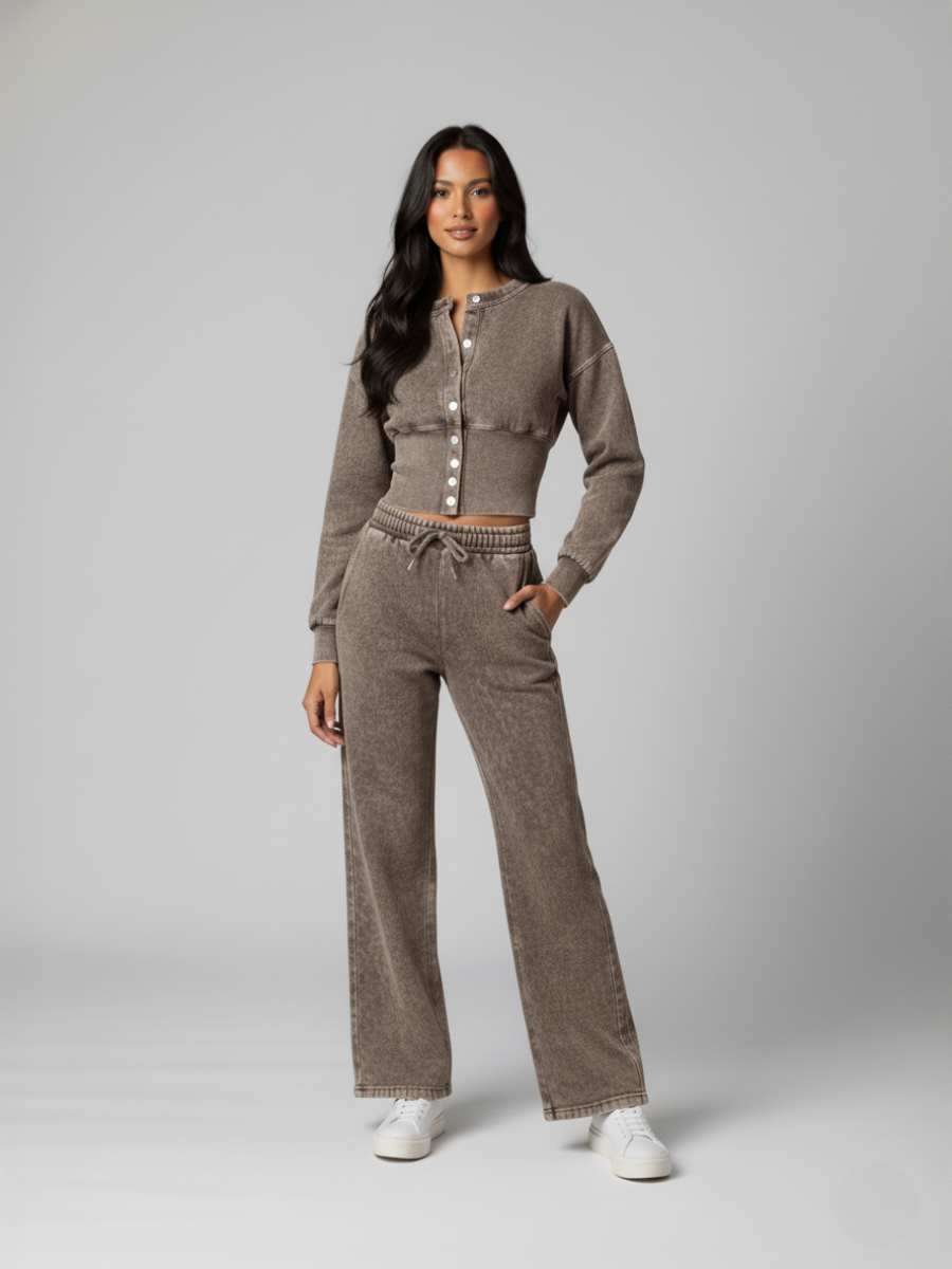 Button Up Acid Wash Loungewear Set