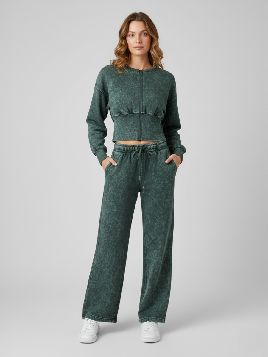 Acid Wash Cropped Zip Up Sweatshirt & Wide Leg Trouser Tracksuit