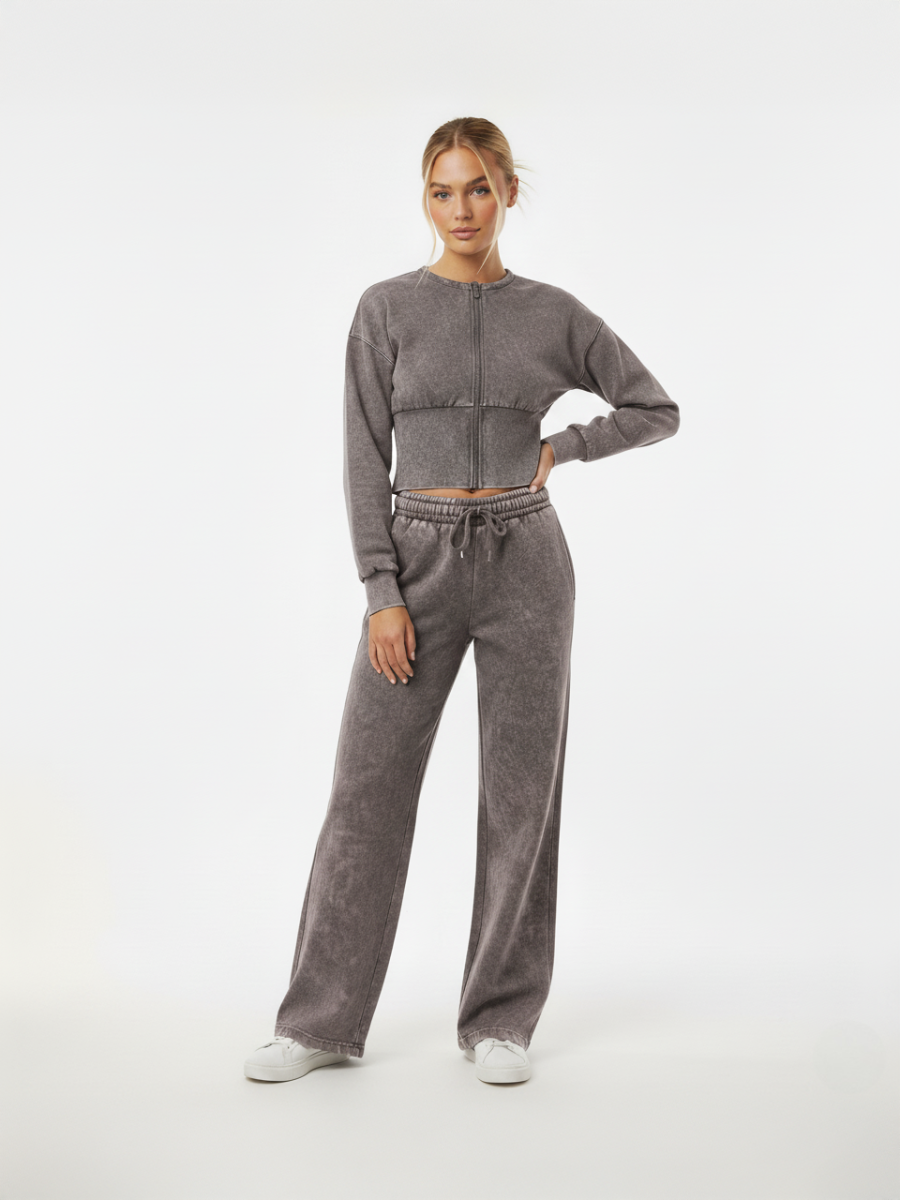 Acid Wash Cropped Zip Up Sweatshirt & Wide Leg Trouser Tracksuit