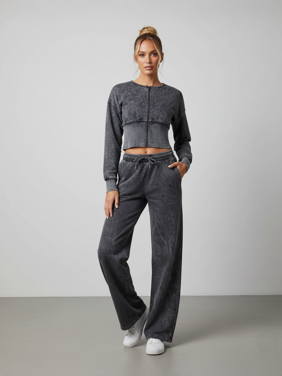 Acid Wash Cropped Zip Up Sweatshirt & Wide Leg Trouser Tracksuit
