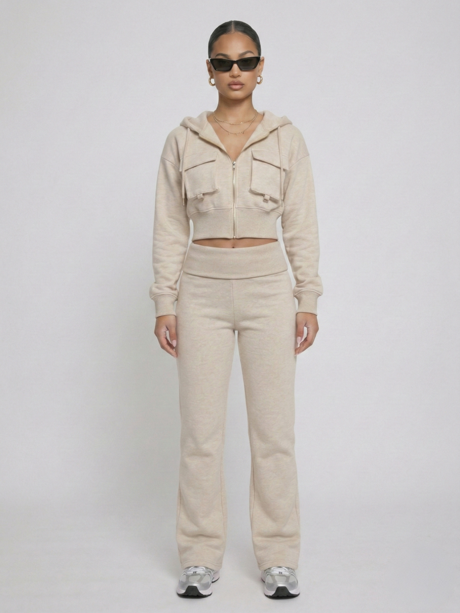 Front Pocket Hooded Top & Fold Over Waist Trouser Fleece Set