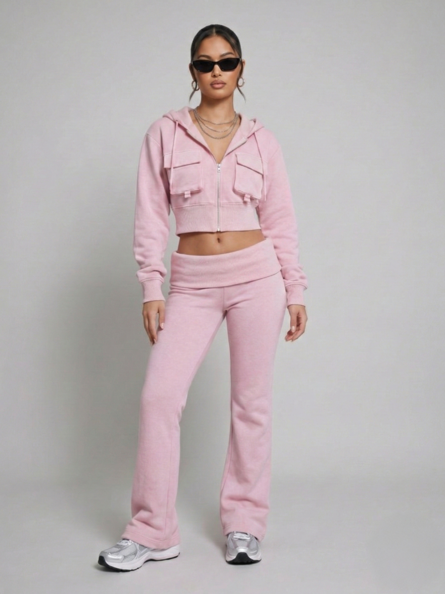 Front Pocket Hooded Top & Fold Over Waist Trouser Fleece Set
