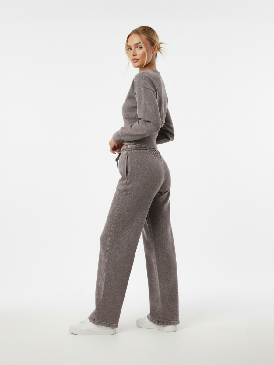 Acid Wash Cropped Zip Up Sweatshirt & Wide Leg Trouser Tracksuit