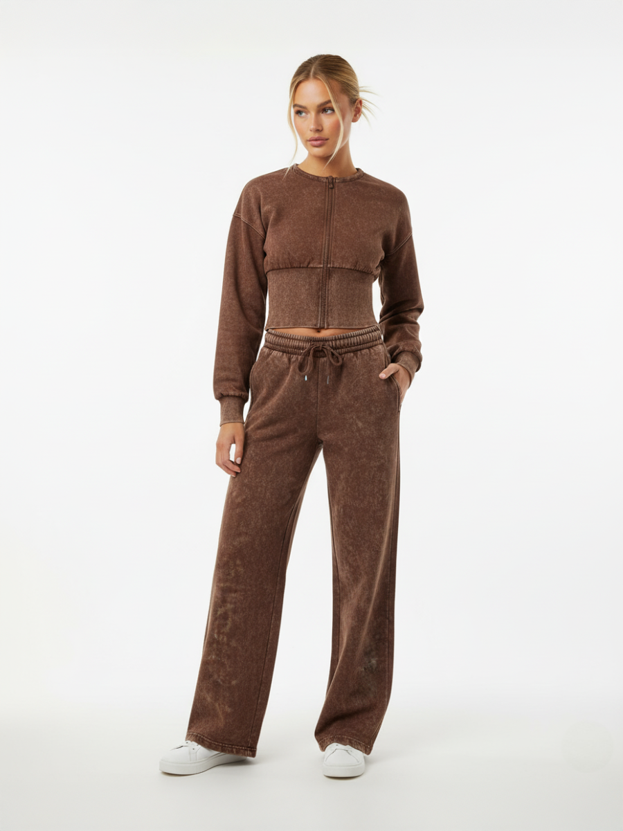 Acid Wash Cropped Zip Up Sweatshirt & Wide Leg Trouser Tracksuit