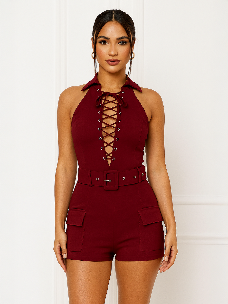 Lace Up Front Cargo Playsuit With Matching Belt