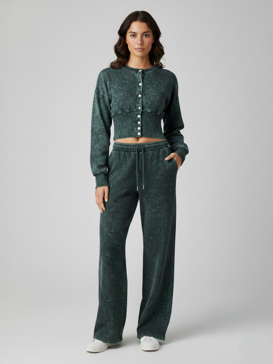 Button Up Acid Wash Loungewear Set