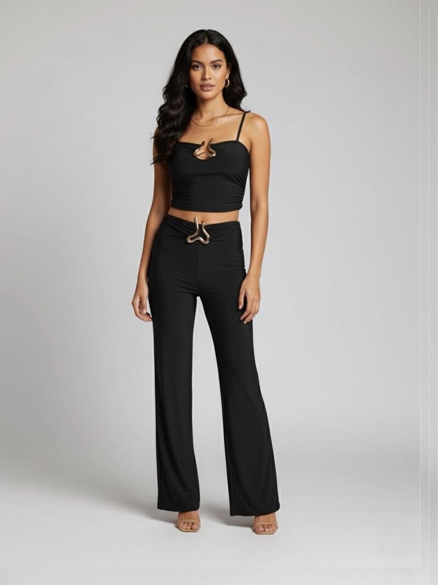 Buckle Detail Top & Wide Leg Trouser Set