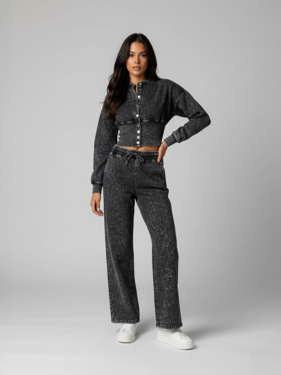 Button Up Acid Wash Loungewear Set