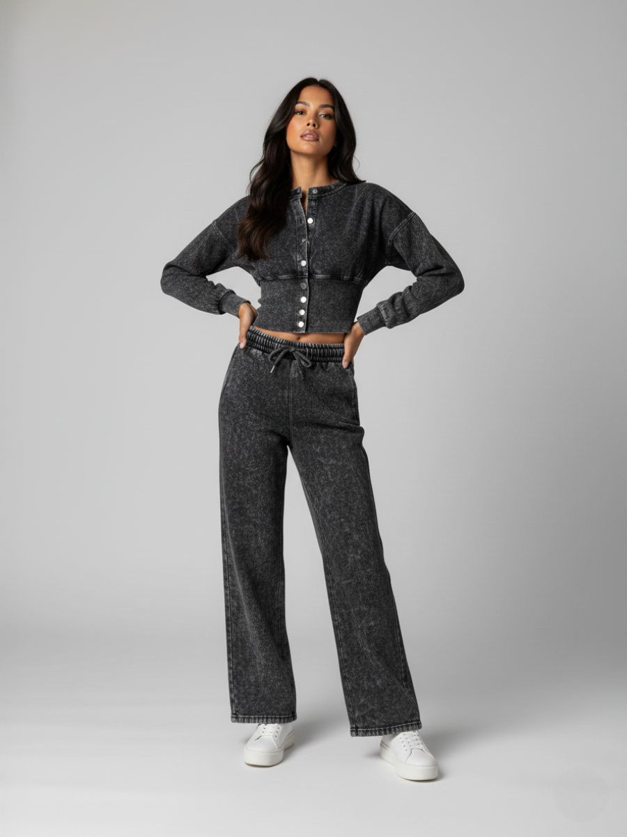 Button Up Acid Wash Loungewear Set