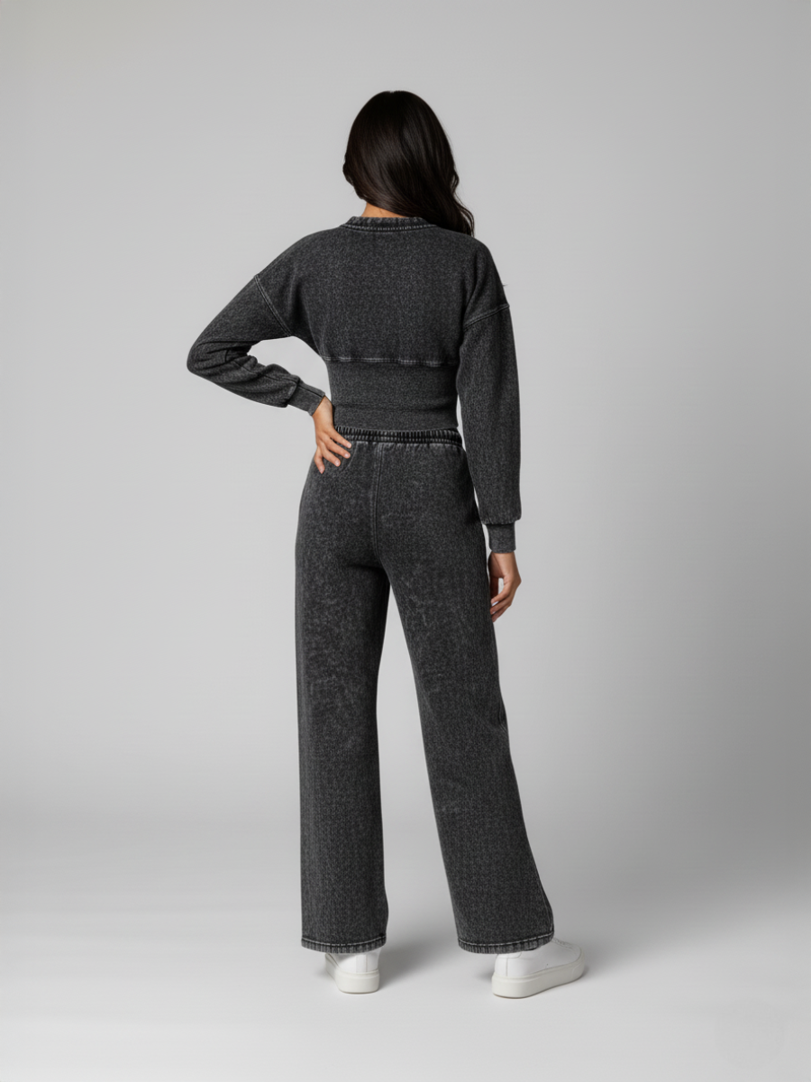 Button Up Acid Wash Loungewear Set