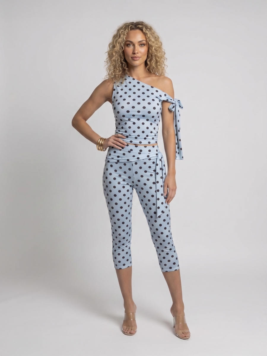 Polka Dot Tie Drop Shoulder Top and 3/4 Legging Co-ord