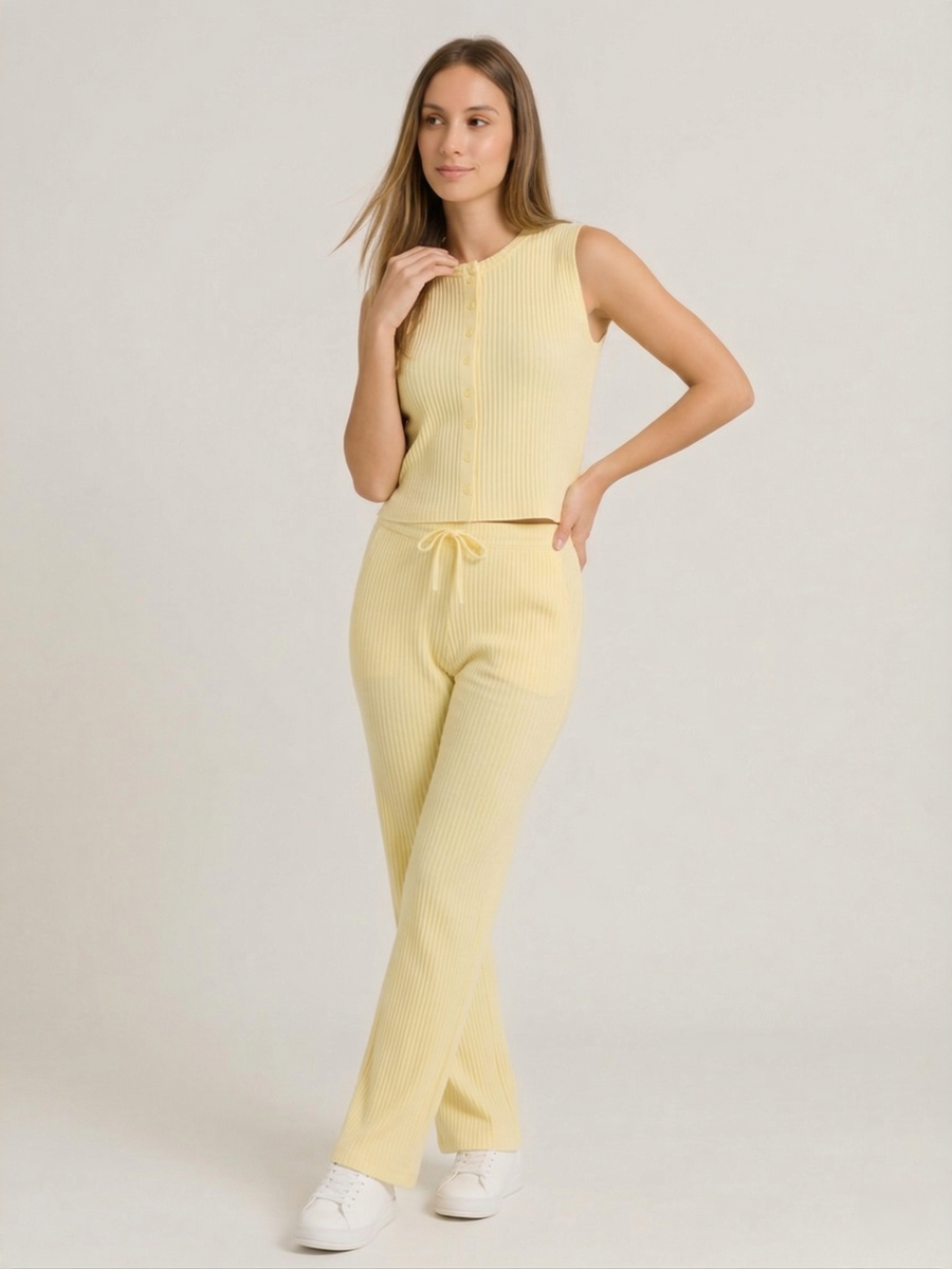 Ribbed Front Button Detail Sleevles Top & Wide Leg Trouser Co-ord