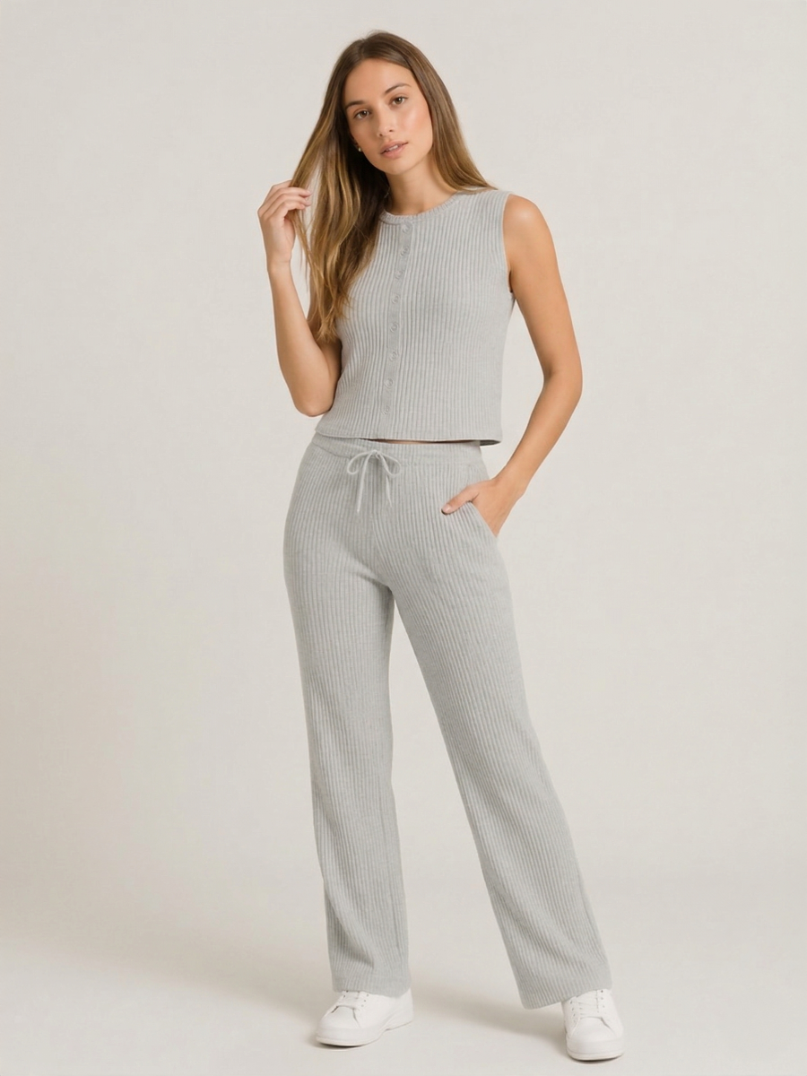 Ribbed Front Button Detail Sleevles Top & Wide Leg Trouser Co-ord