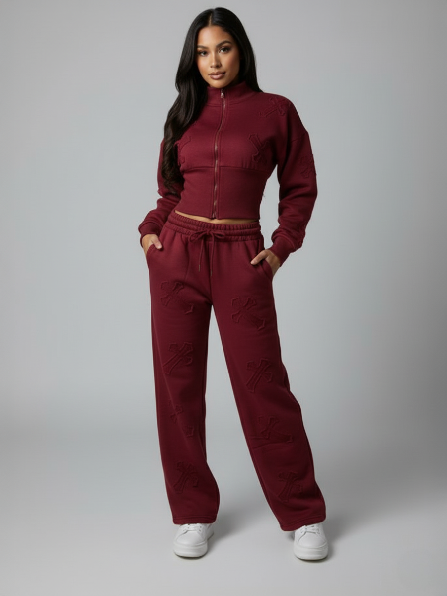 Crucifix Embroidered Zip Up Top & Jogger Fleece Co-ord