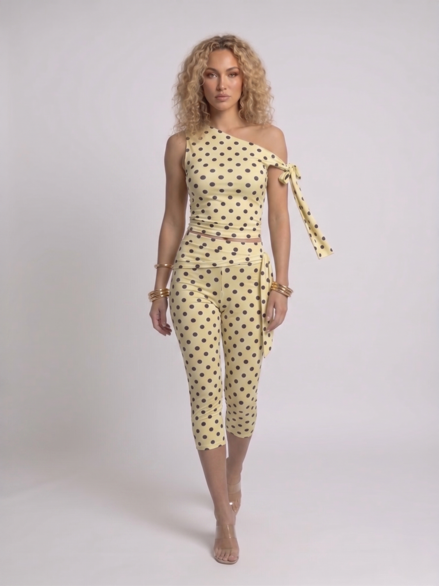 Polka Dot Tie Drop Shoulder Top and 3/4 Legging Co-ord