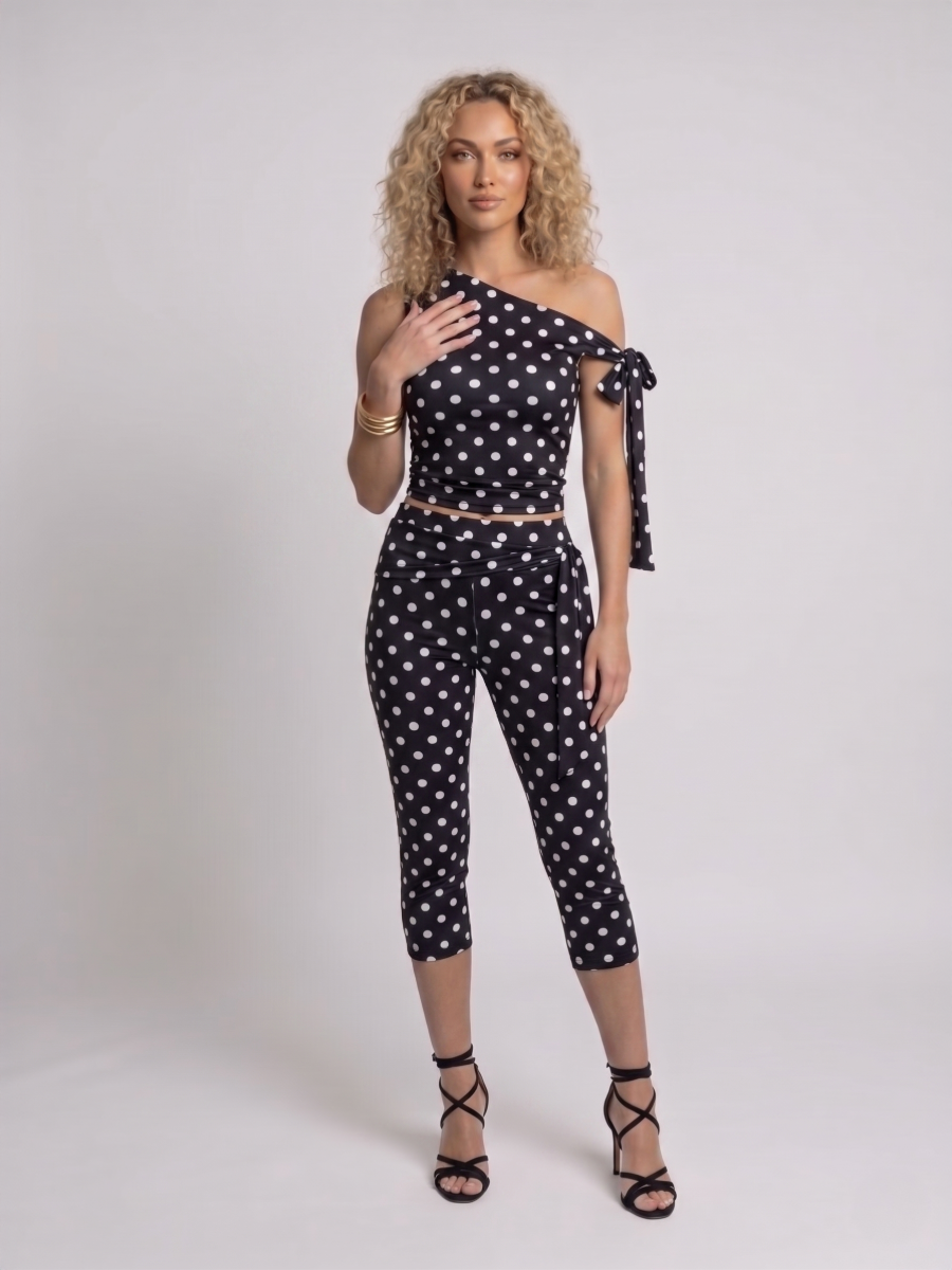 Polka Dot Tie Drop Shoulder Top and 3/4 Legging Co-ord